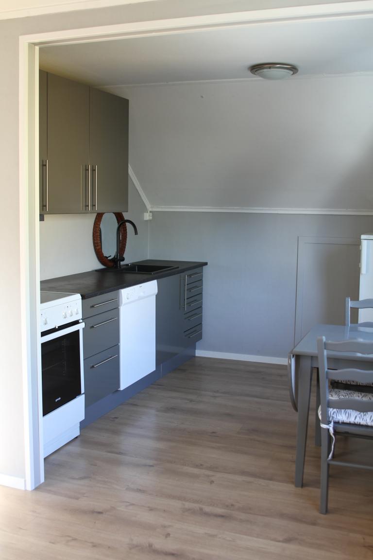 Kjøkken med komfyr, oppvaskmaskin og kjøleskap