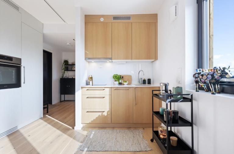 Kjøkken, ovn til venstre, kjøleskap under ovn, mulighet for fryser inni skapdøren til høyre for ovnen.