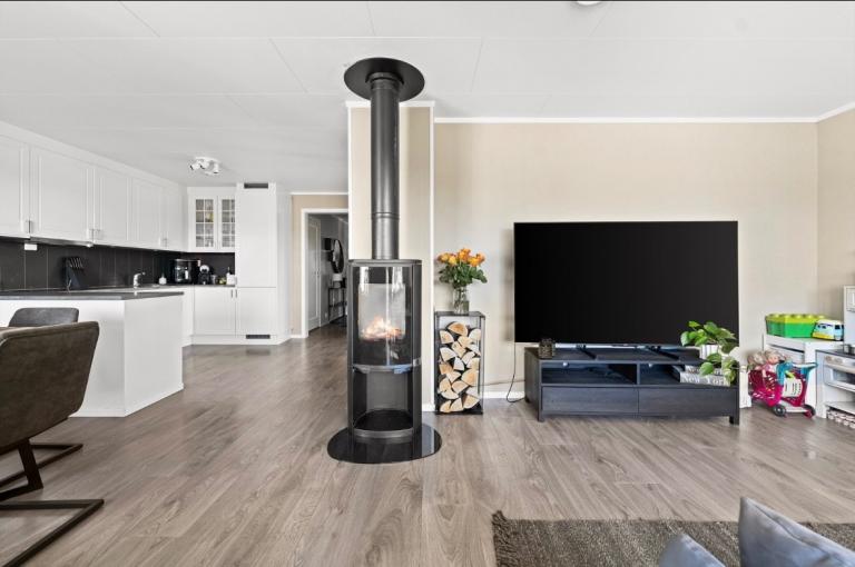 Stuen har stilig peis som varmer godt på kalde dager 