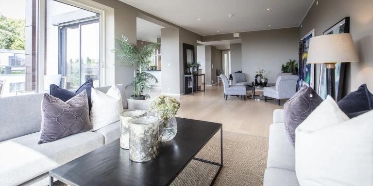 Stue med spisestue & delvis åpen kjøkkenløsning og terrasse