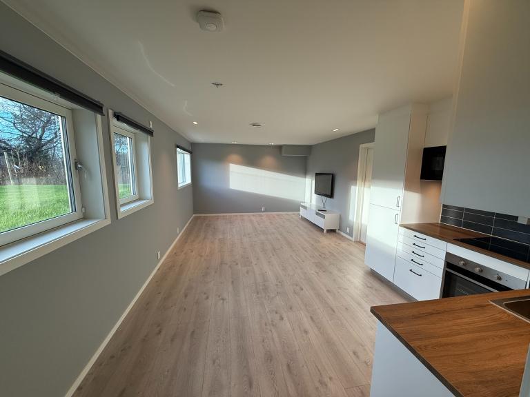 Lyst og åpent oppholdsrom med store vindusflater som gir rikelig med dagslys. God plass til sofagruppe og spiseplass.