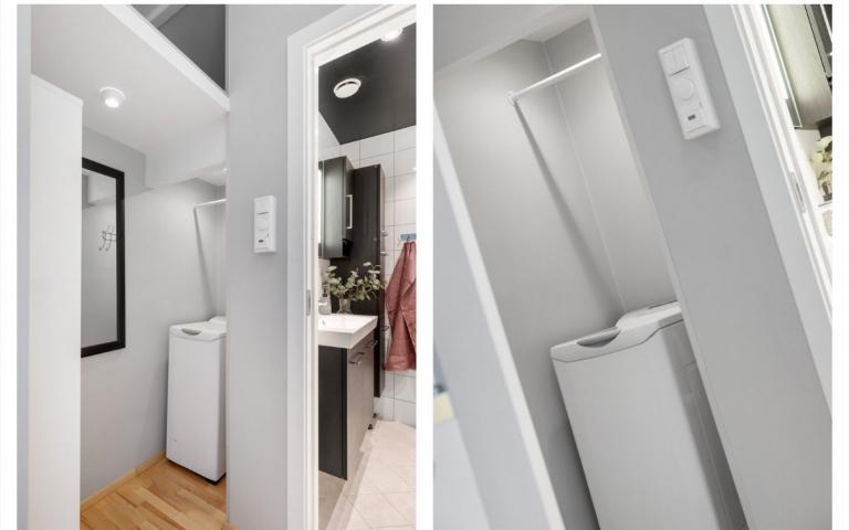 Vaskemaskin i gang utenfor bad. Foto: Notar. 