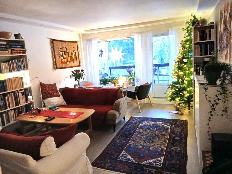 Stue med inn-glasset balkong.