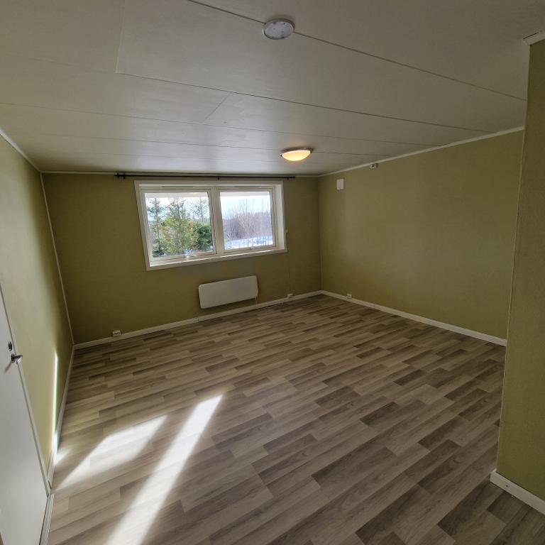 Romslig stue med store vinduer.