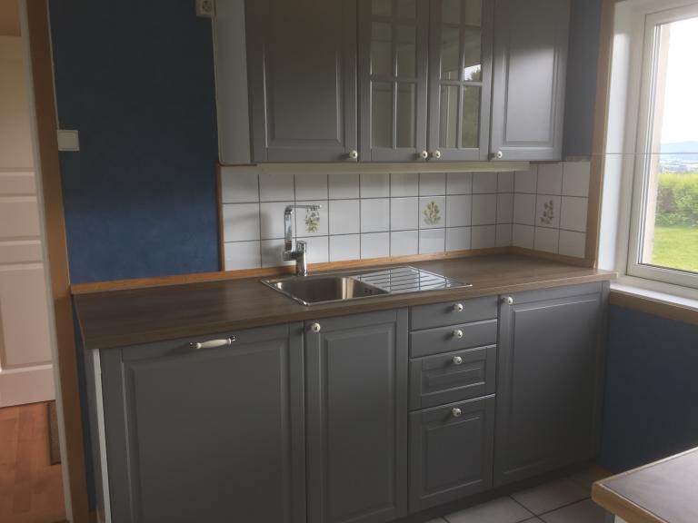 Kjøkken med oppvaskmaskin, kjøleskap og ny komfyr