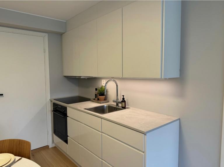 Oppholdsrom; kjøkken med oppvaskmaskin, steketopp, komfyr, kombiskap