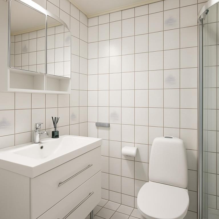 Bad med dusjkabinett og vaskemaskin 